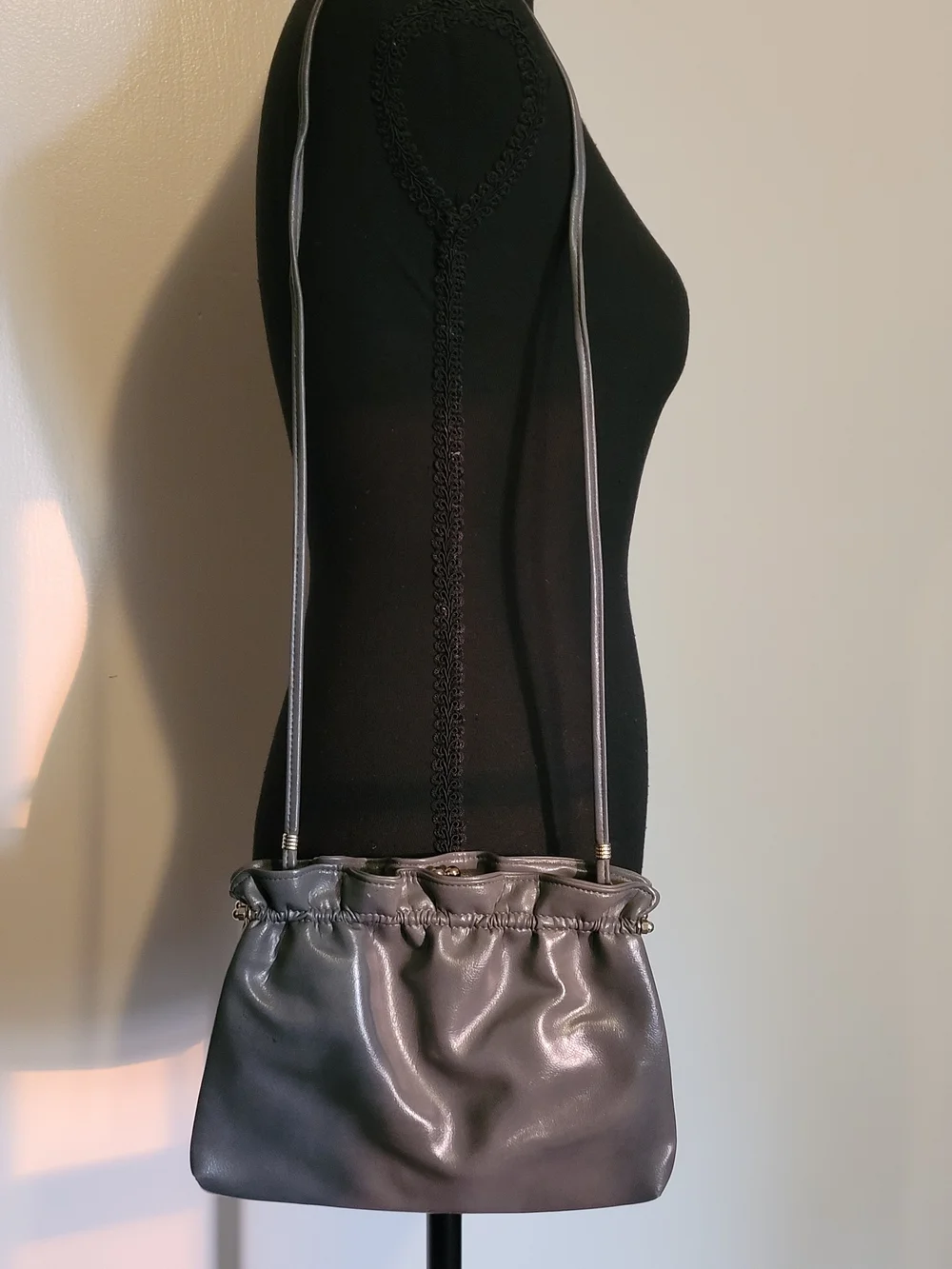 Classic Gathered Vegan Leather Shoulder Bag in Gray